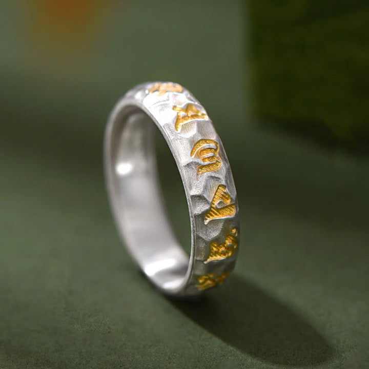 Anello dell'equilibrio Om Mani Padme Hum con motivo a martello in argento sterling 999 Buddha Stones - Argento (5 mm) - image 0