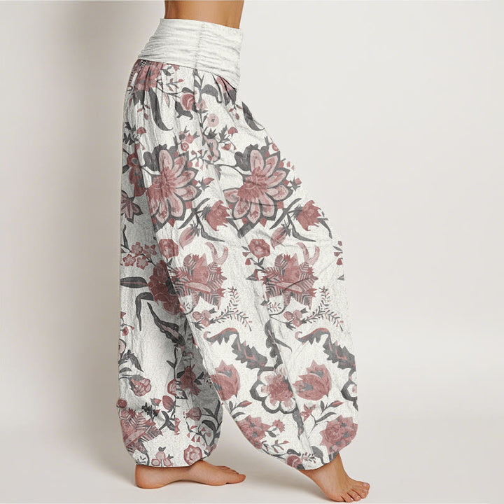 Pantaloni harem da donna con elastico in vita e motivo a girasole in puro cotone con Buddha Stones
