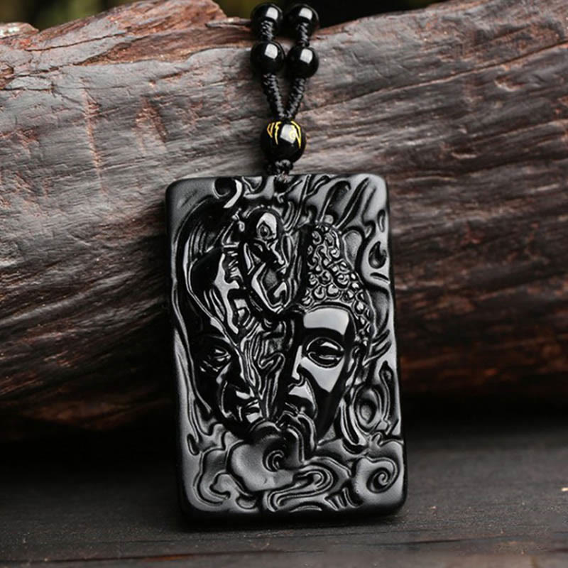 Collana con ciondolo a forma di diavolo con motivo Buddha in ossidiana nera naturale Buddha Stones Buddha - Ciondolo Buddha diavolo + catena di perline - image 1