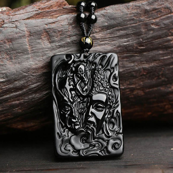 Collana con ciondolo a forma di diavolo con motivo Buddha in ossidiana nera naturale Buddha Stones Buddha - Ciondolo Buddha diavolo + catena di perline - image 1
