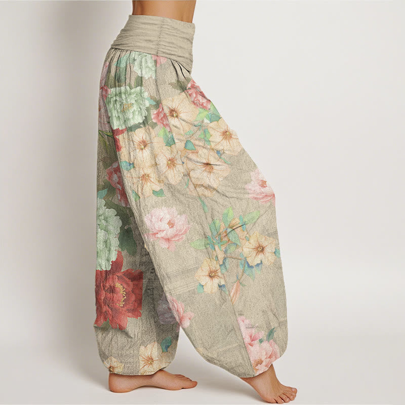 Pantaloni harem da donna in puro cotone con elastico in vita e motivo a peonie, stile casual, motivo Buddha Stones