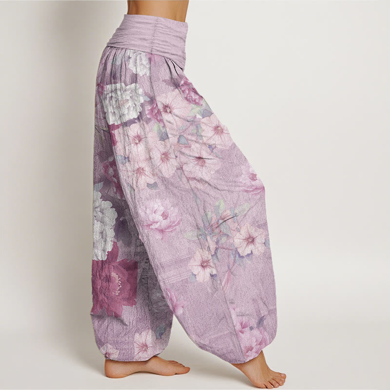 Pantaloni harem da donna in puro cotone con elastico in vita e motivo a peonie, stile casual, motivo Buddha Stones