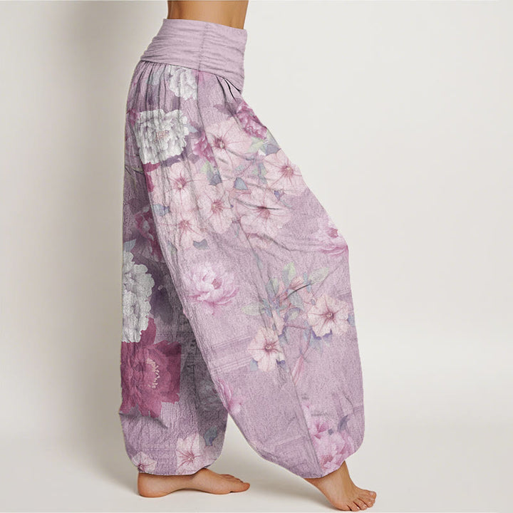 Pantaloni harem da donna in puro cotone con elastico in vita e motivo a peonie, stile casual, motivo Buddha Stones