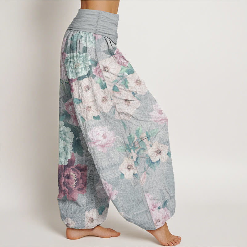 Pantaloni harem da donna in puro cotone con elastico in vita e motivo a peonie, stile casual, motivo Buddha Stones