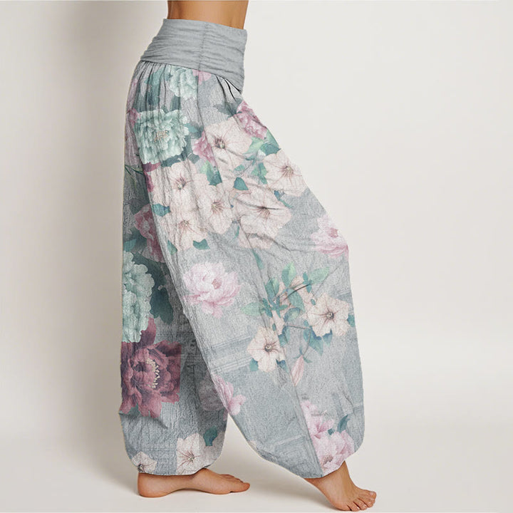Pantaloni harem da donna in puro cotone con elastico in vita e motivo a peonie, stile casual, motivo Buddha Stones