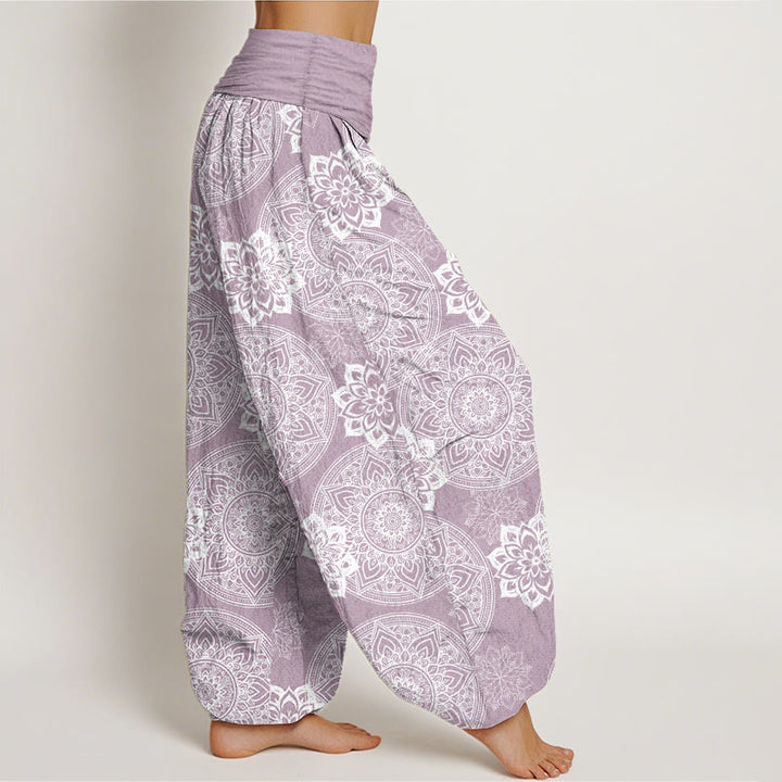 Pantaloni harem da donna con elastico in vita, in puro cotone, casual, rotondi, con motivo mandala floreale, motivo Buddha Stones