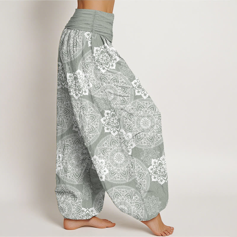 Pantaloni harem da donna con elastico in vita, in puro cotone, casual, rotondi, con motivo mandala floreale, motivo Buddha Stones