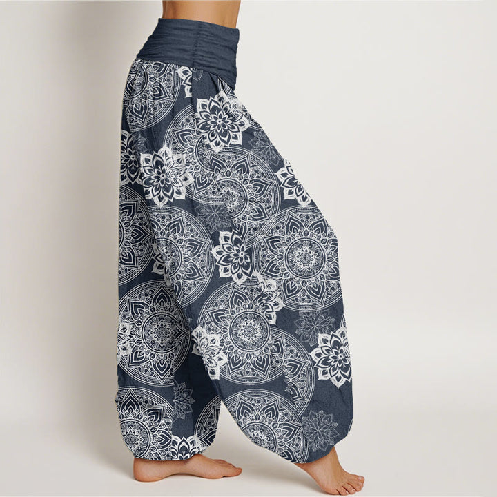 Pantaloni harem da donna con elastico in vita, in puro cotone, casual, rotondi, con motivo mandala floreale, motivo Buddha Stones