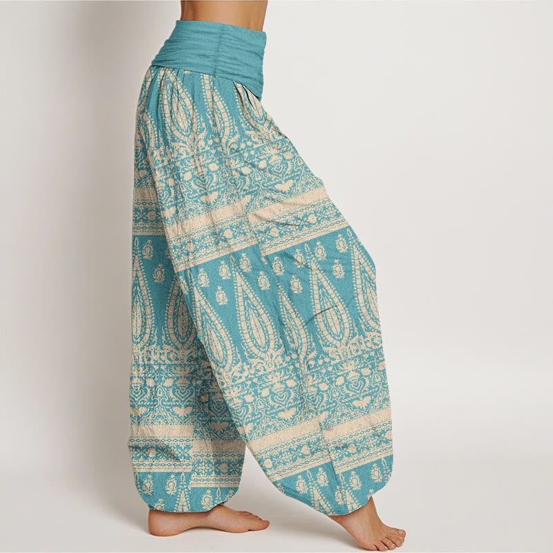 Pantaloni harem da donna in puro cotone con elastico in vita, motivo a strisce di piume, stile casual, motivo Buddha Stones