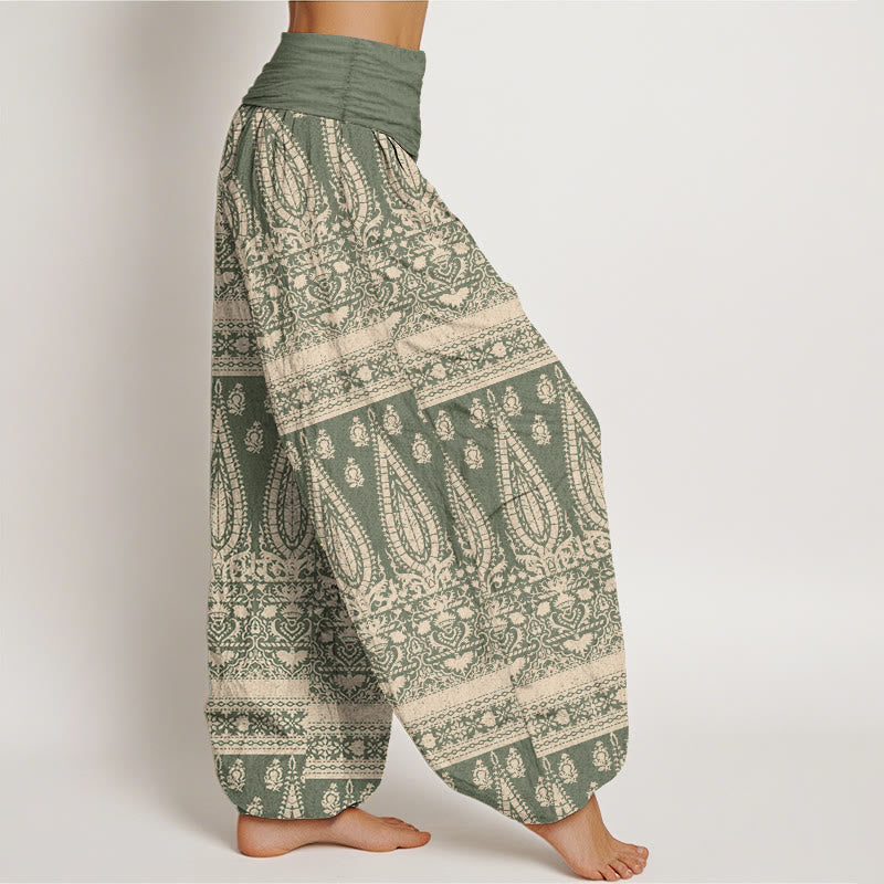 Pantaloni harem da donna in puro cotone con elastico in vita, motivo a strisce di piume, stile casual, motivo Buddha Stones