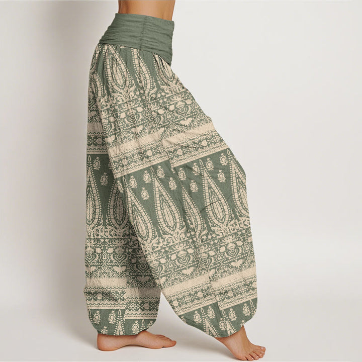 Pantaloni harem da donna in puro cotone con elastico in vita, motivo a strisce di piume, stile casual, motivo Buddha Stones