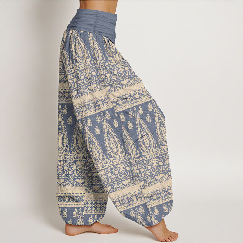 Pantaloni harem da donna in puro cotone con elastico in vita, motivo a strisce di piume, stile casual, motivo Buddha Stones