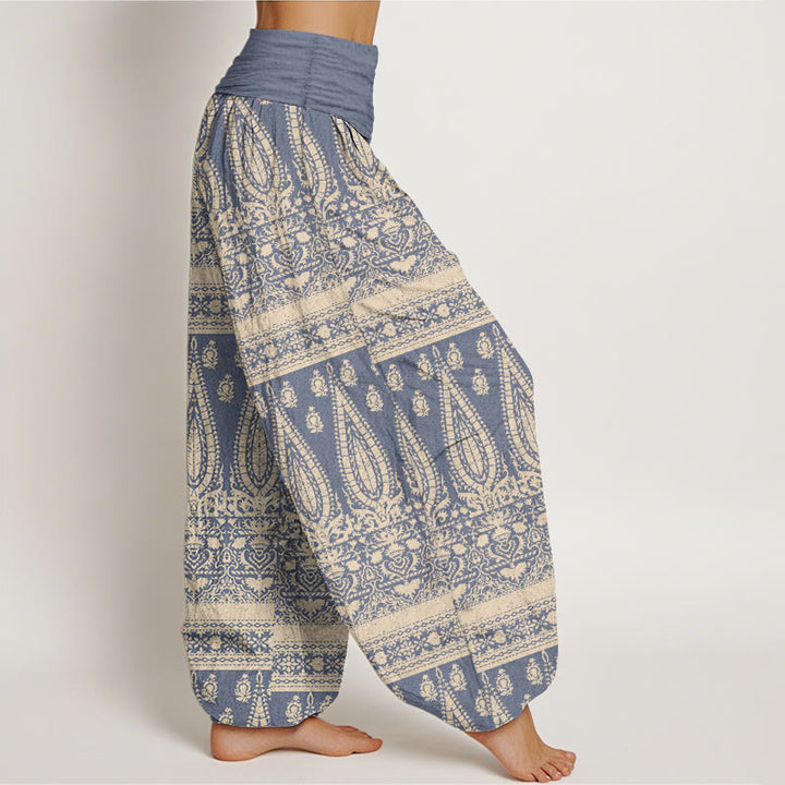Pantaloni harem da donna in puro cotone con elastico in vita, motivo a strisce di piume, stile casual, motivo Buddha Stones