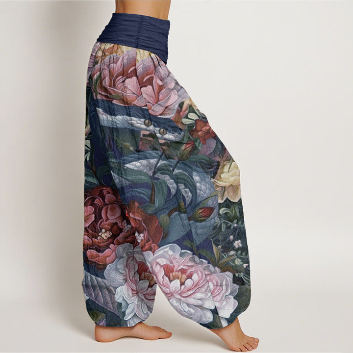 Pantaloni harem da donna con elastico in vita, in puro cotone, con motivo a foglie e fiori di peonia e serpente, motivo Buddha Stones