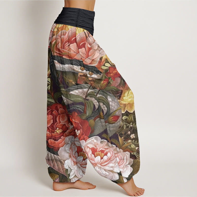 Pantaloni harem da donna con elastico in vita, in puro cotone, con motivo a foglie e fiori di peonia e serpente, motivo Buddha Stones