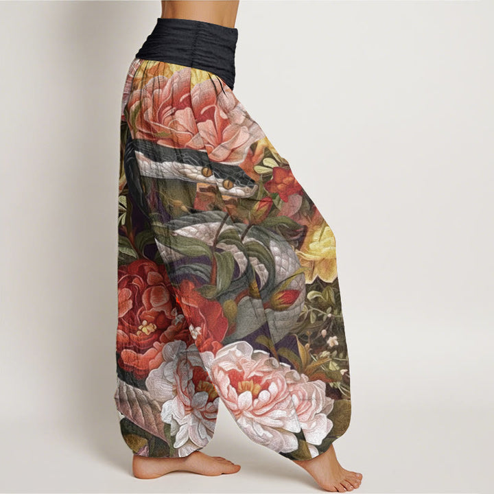 Pantaloni harem da donna con elastico in vita, in puro cotone, con motivo a foglie e fiori di peonia e serpente, motivo Buddha Stones