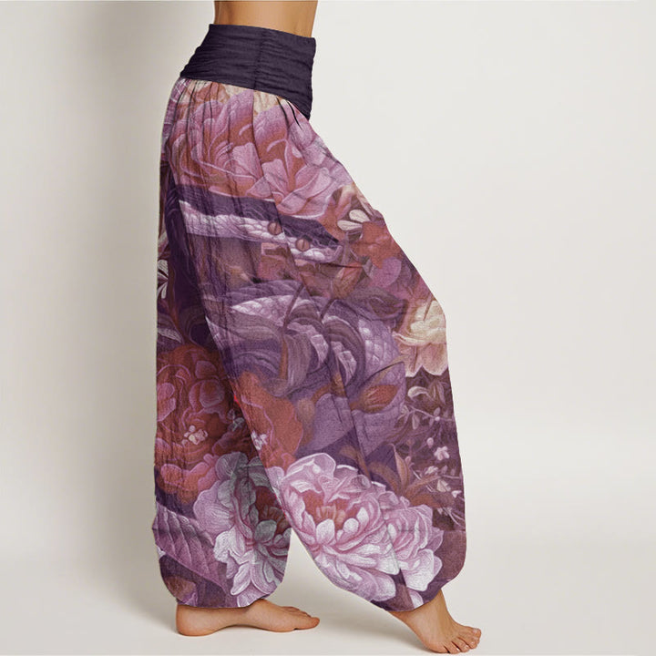 Pantaloni harem da donna con elastico in vita, in puro cotone, con motivo a foglie e fiori di peonia e serpente, motivo Buddha Stones