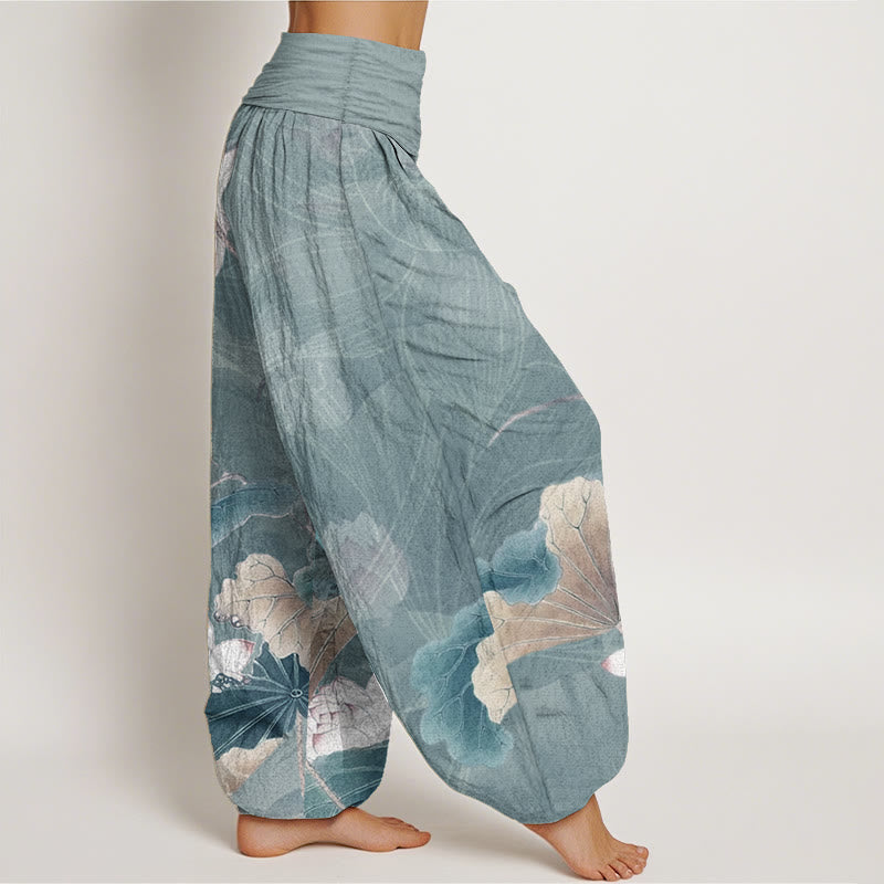 Pantaloni harem da donna con elastico in vita, in puro cotone, con motivo a fiori di loto e foglie, motivo Buddha Stones