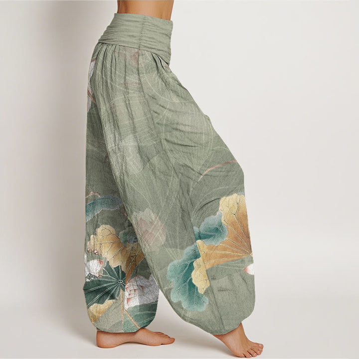 Pantaloni harem da donna con elastico in vita, in puro cotone, con motivo a fiori di loto e foglie, motivo Buddha Stones