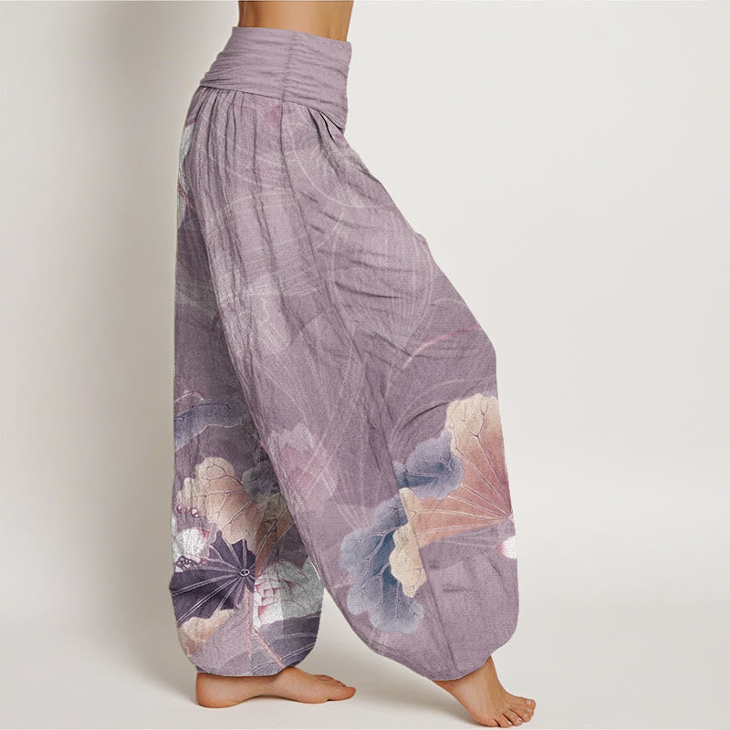 Pantaloni harem da donna con elastico in vita, in puro cotone, con motivo a fiori di loto e foglie, motivo Buddha Stones
