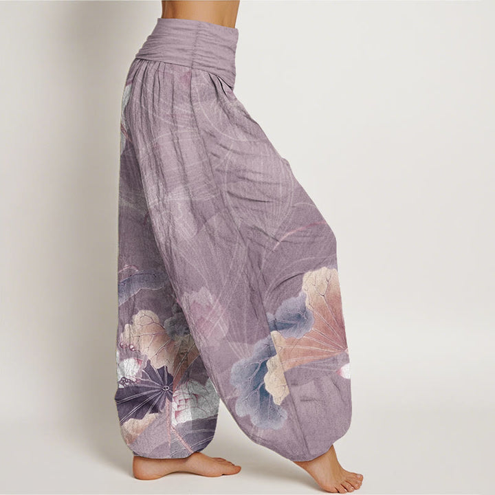 Pantaloni harem da donna con elastico in vita, in puro cotone, con motivo a fiori di loto e foglie, motivo Buddha Stones