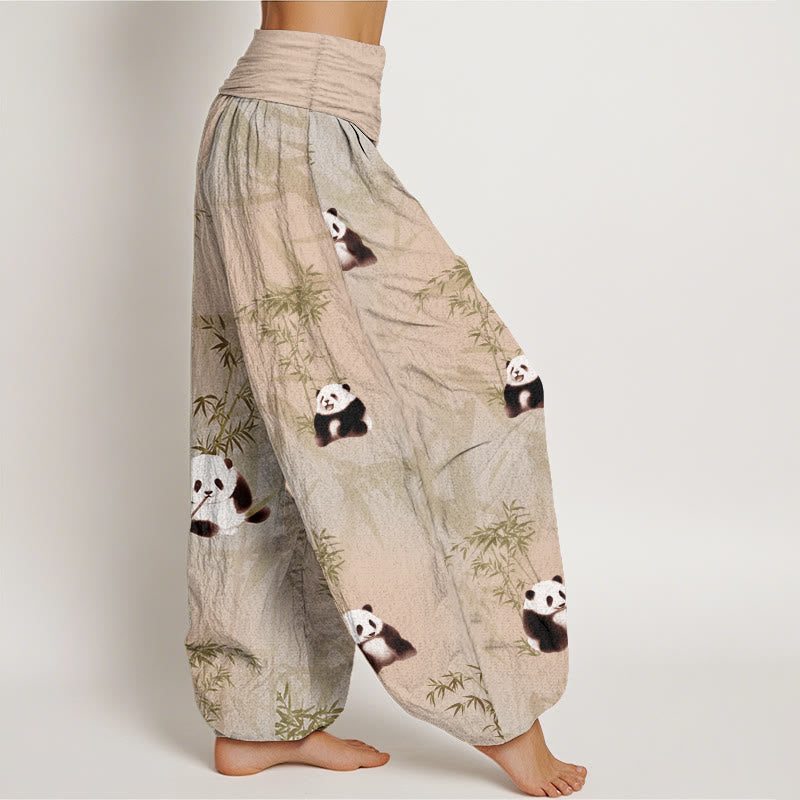 Pantaloni harem da donna con elastico in vita, in puro cotone e motivo panda e bambù, modello Buddha Stones