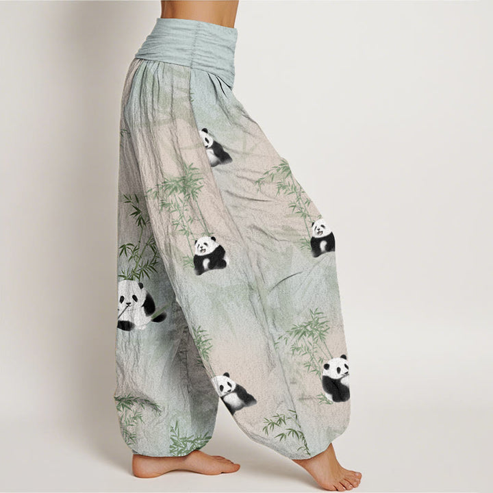 Pantaloni harem da donna con elastico in vita, in puro cotone e motivo panda e bambù, modello Buddha Stones