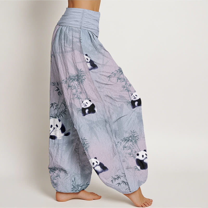 Pantaloni harem da donna con elastico in vita, in puro cotone e motivo panda e bambù, modello Buddha Stones