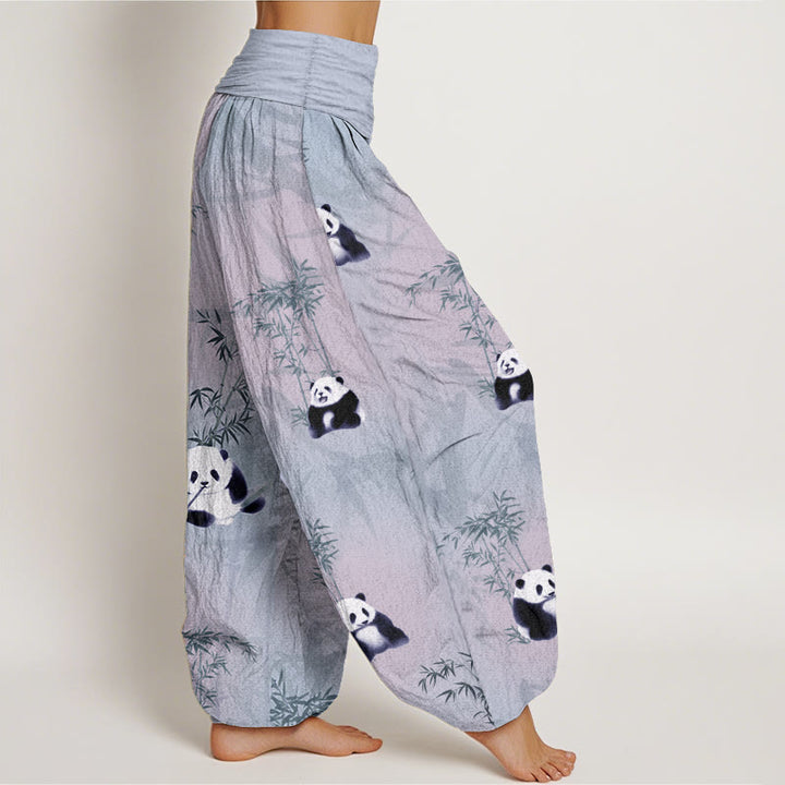 Pantaloni harem da donna con elastico in vita, in puro cotone e motivo panda e bambù, modello Buddha Stones