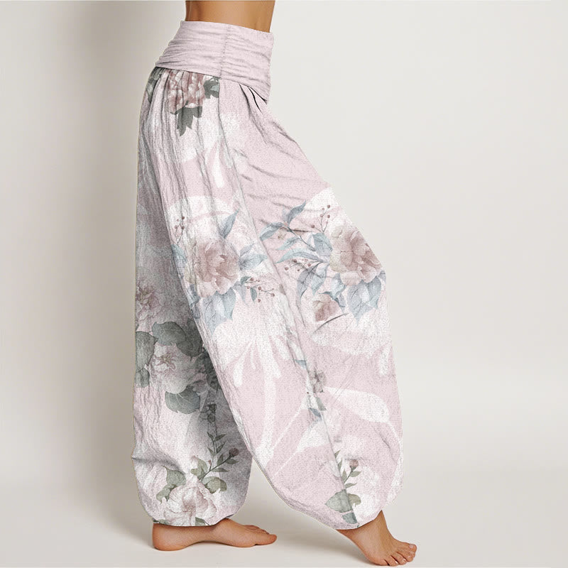 Pantaloni harem da donna con elastico in vita, in puro cotone, con fiori e foglie bianche, motivo Buddha Stones