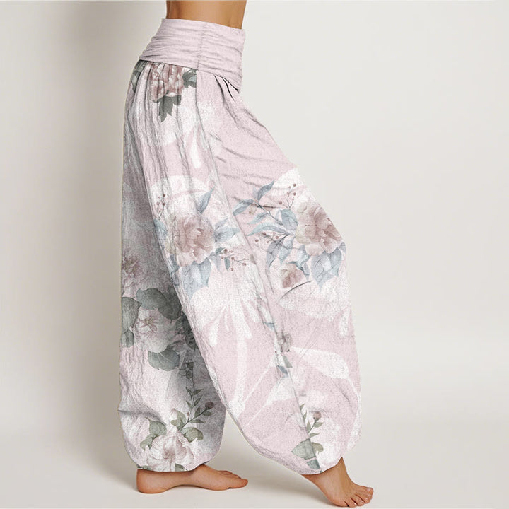 Pantaloni harem da donna con elastico in vita, in puro cotone, con fiori e foglie bianche, motivo Buddha Stones