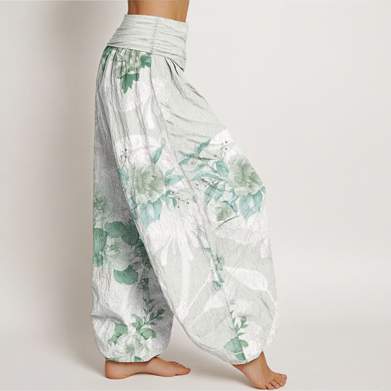 Pantaloni harem da donna con elastico in vita, in puro cotone, con fiori e foglie bianche, motivo Buddha Stones