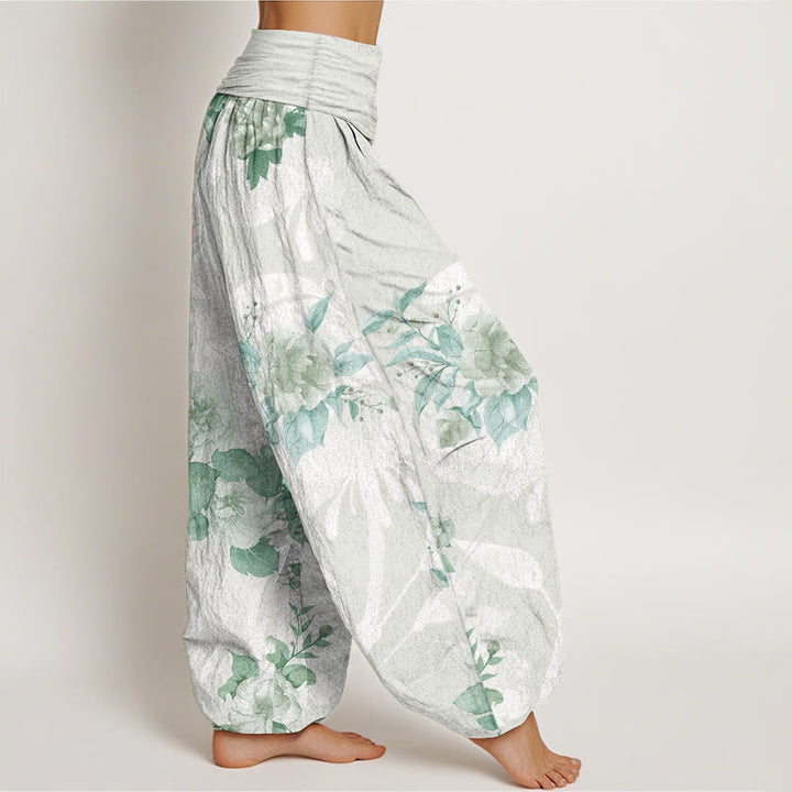 Pantaloni harem da donna con elastico in vita, in puro cotone, con fiori e foglie bianche, motivo Buddha Stones