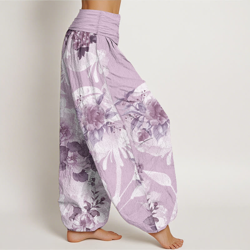 Pantaloni harem da donna con elastico in vita, in puro cotone, con fiori e foglie bianche, motivo Buddha Stones