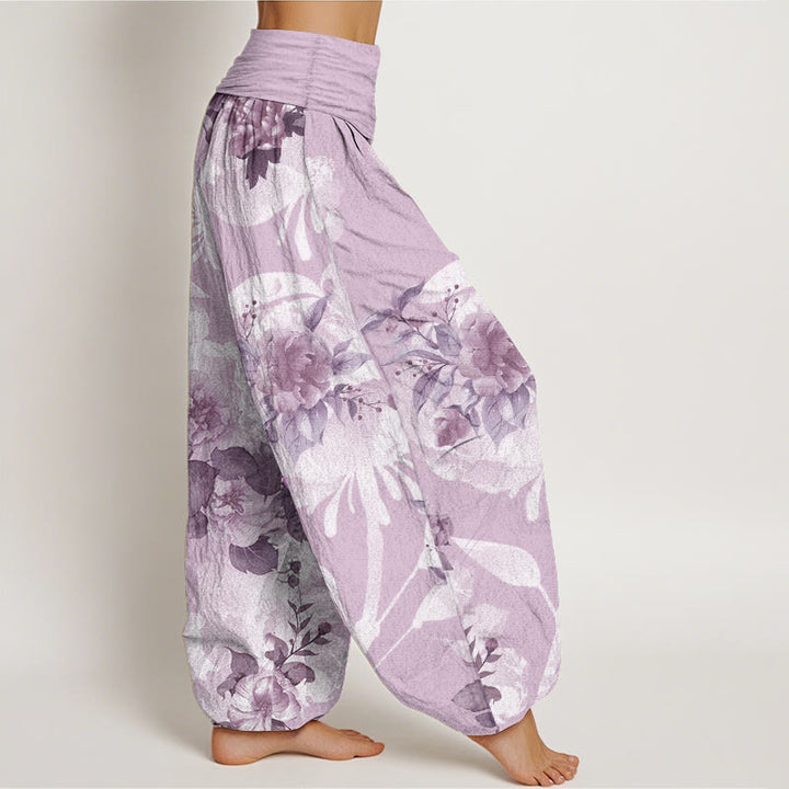 Pantaloni harem da donna con elastico in vita, in puro cotone, con fiori e foglie bianche, motivo Buddha Stones