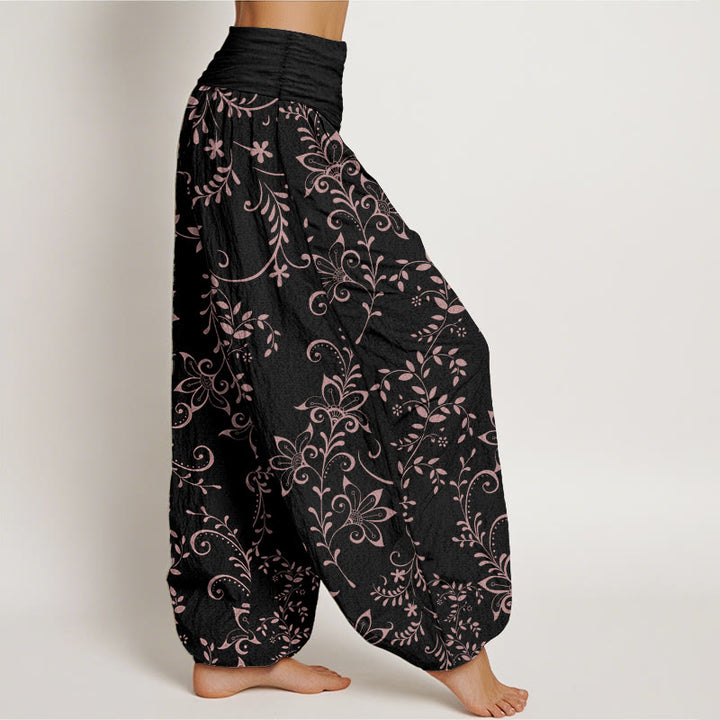 Pantaloni harem da donna con elastico in vita, in puro cotone, con motivo a fiori casual e motivo a vite, motivo Buddha Stones