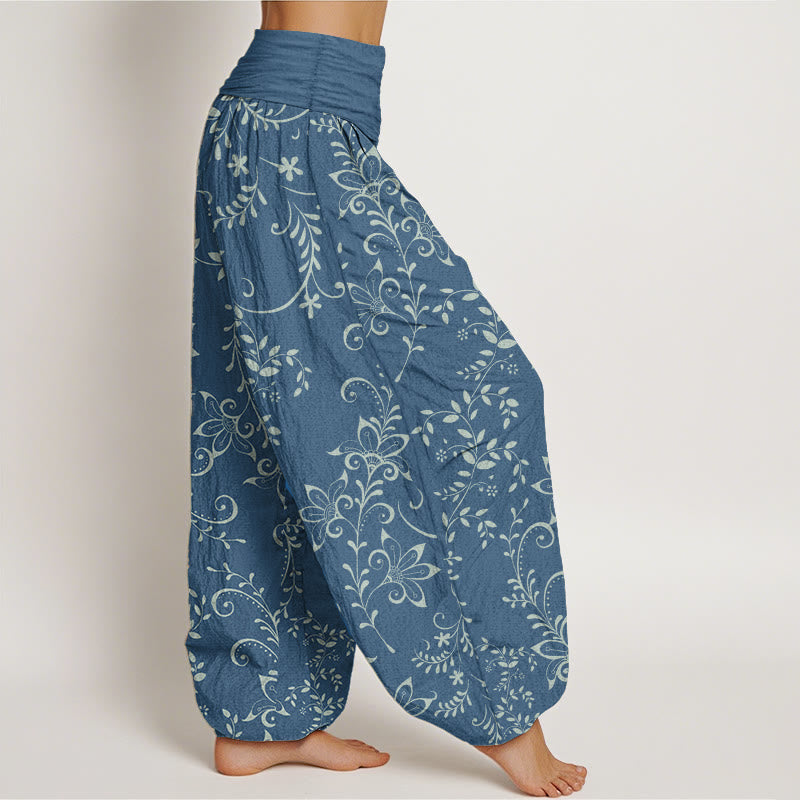 Pantaloni harem da donna con elastico in vita, in puro cotone, con motivo a fiori casual e motivo a vite, motivo Buddha Stones