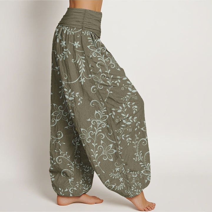 Pantaloni harem da donna con elastico in vita, in puro cotone, con motivo a fiori casual e motivo a vite, motivo Buddha Stones