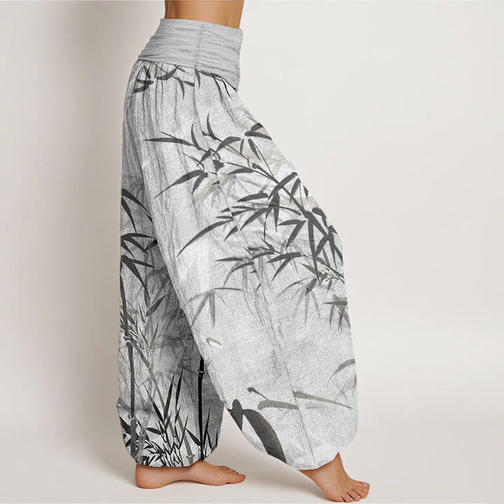 Pantaloni harem da donna in puro cotone con elastico in vita e foglie di bambù, stile casual, motivo Buddha Stones