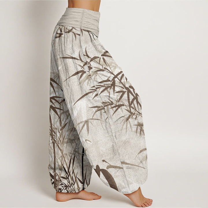 Pantaloni harem da donna in puro cotone con elastico in vita e foglie di bambù, stile casual, motivo Buddha Stones