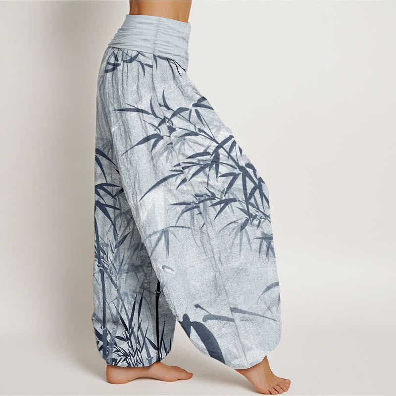 Pantaloni harem da donna in puro cotone con elastico in vita e foglie di bambù, stile casual, motivo Buddha Stones