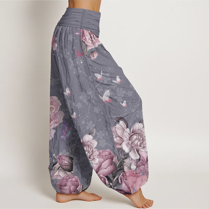 Pantaloni harem da donna con elastico in vita, in puro cotone, casual, con motivo a peonie e farfalle, modello Buddha Stones