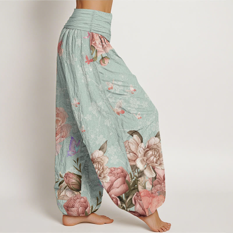 Pantaloni harem da donna con elastico in vita, in puro cotone, casual, con motivo a peonie e farfalle, modello Buddha Stones