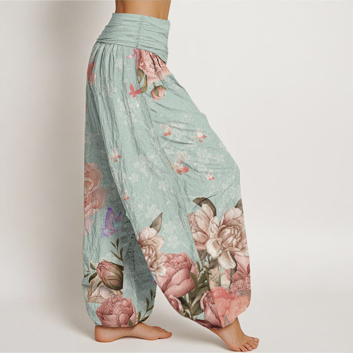 Pantaloni harem da donna con elastico in vita, in puro cotone, casual, con motivo a peonie e farfalle, modello Buddha Stones