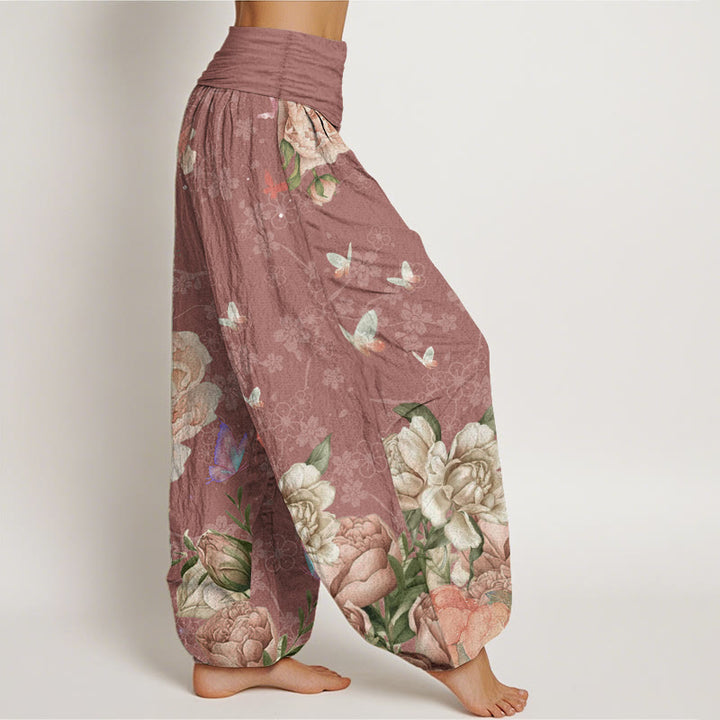 Pantaloni harem da donna con elastico in vita, in puro cotone, casual, con motivo a peonie e farfalle, modello Buddha Stones