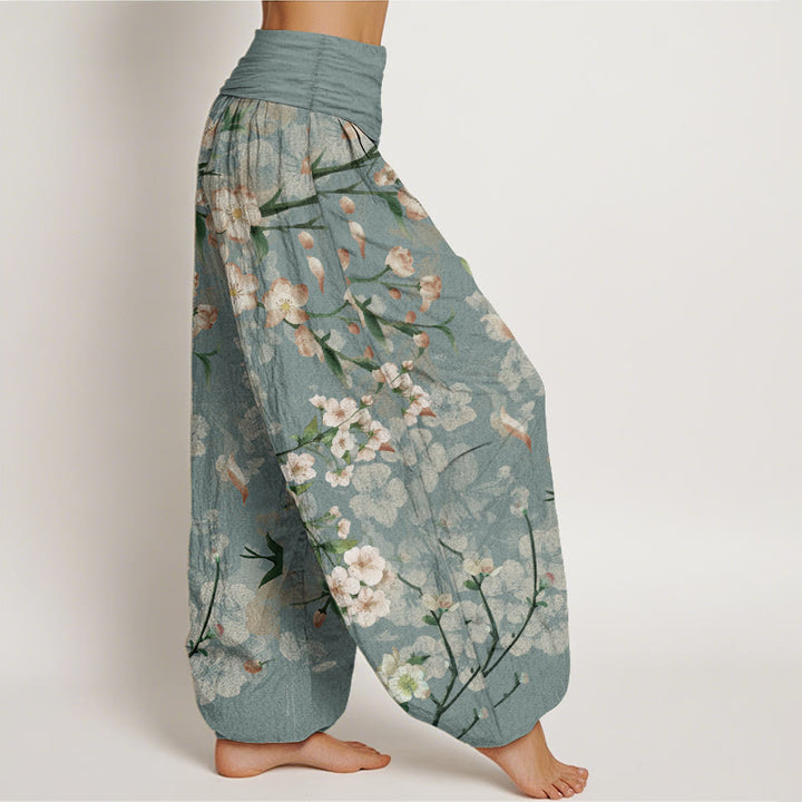 Pantaloni harem da donna con elastico in vita, in puro cotone, con motivo a fiori di pesco e oche volanti, motivo Buddha Stones