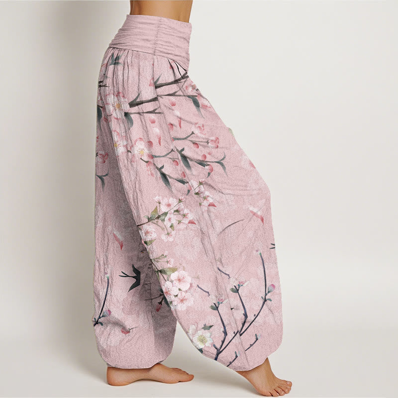 Pantaloni harem da donna con elastico in vita, in puro cotone, con motivo a fiori di pesco e oche volanti, motivo Buddha Stones
