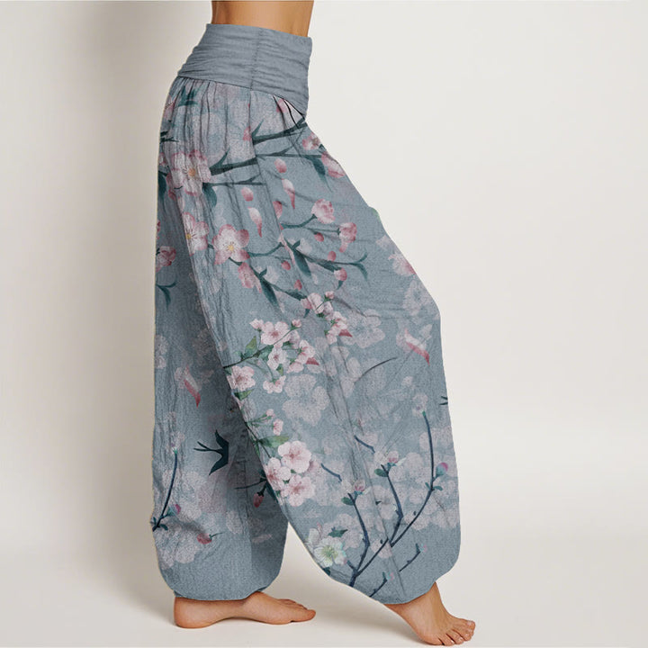 Pantaloni harem da donna con elastico in vita, in puro cotone, con motivo a fiori di pesco e oche volanti, motivo Buddha Stones
