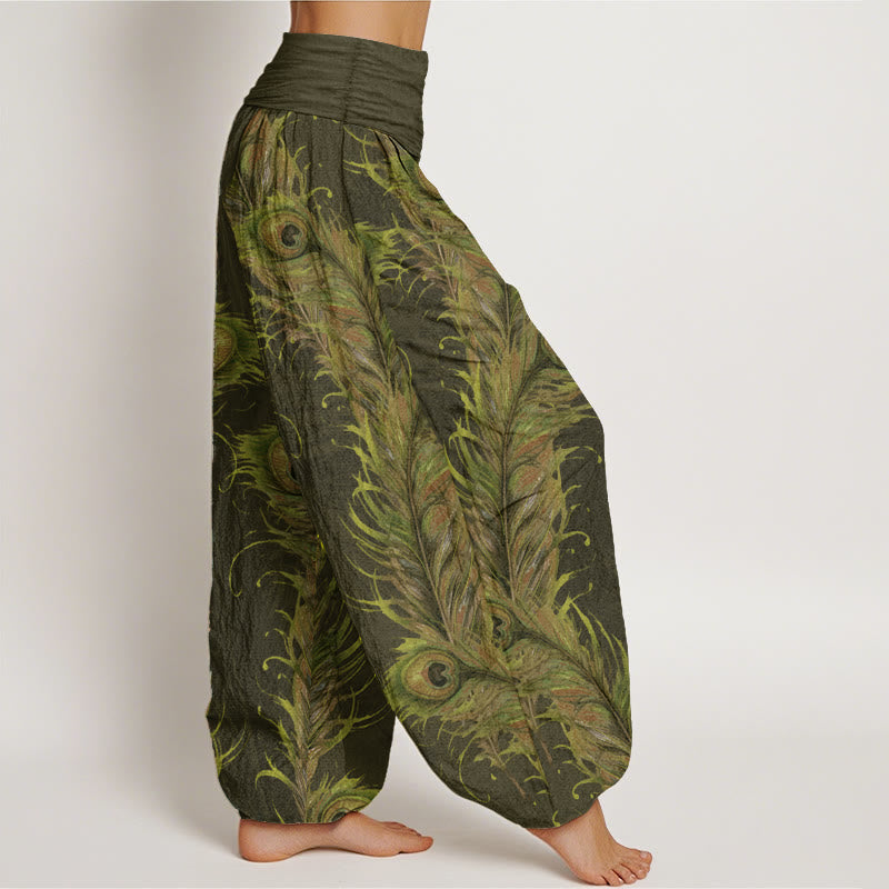 Pantaloni harem da donna con elastico in vita, in puro cotone con motivo fenice brillante, Buddha Stones