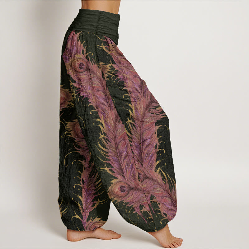 Pantaloni harem da donna con elastico in vita, in puro cotone con motivo fenice brillante, Buddha Stones